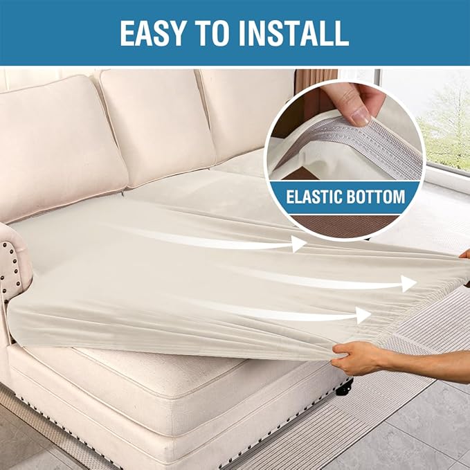 H.VERSAILTEX Velvet Stretch Sectional Couch Covers 3 Pieces Sofa Seat Cushion Covers L Shape Separate Couch Cover for Both Left/Right Sectional Couch (Large Sofa 2 Seater + 1 Chaise, Porcelain)