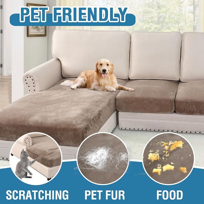 H.VERSAILTEX Velvet Stretch Sectional Couch Covers 3 Pieces Sofa Seat Cushion Covers L Shape Separate Cushion Couch Cover for Both Left/Right Sectional Couch (Large Sofa 2 Seater + 1 Chaise, Taupe)