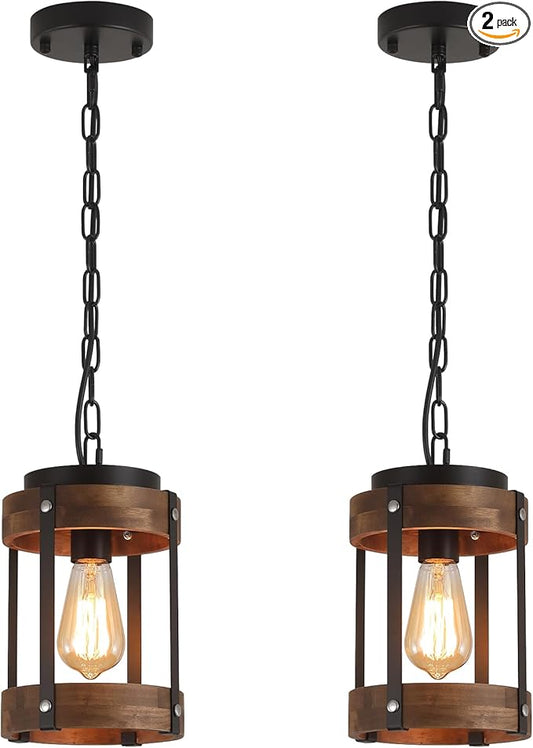 2 Pack Rustic Farmhouse Wood Pendant Light Fixture One-Light Adjustable Chain Oak Wood and Metal Drum Cage Small Pendant Lighting for Kitchen Island Sink Hallway Farmhouse Bathroom Bar, Black
