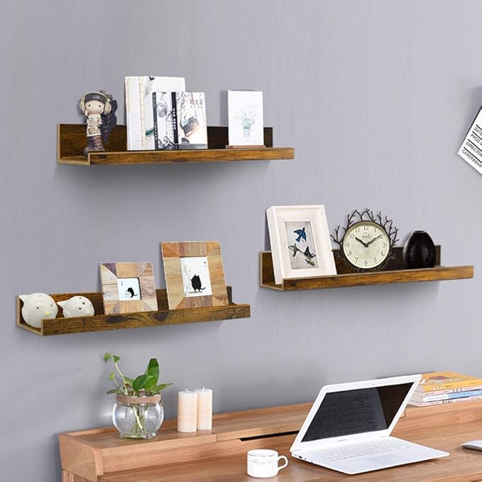 Giftgarden 16 Inch Floating Shelves for Wall Set of 3, Rustic Wall Mounted Picture Ledge Wooden Wall Shelf for Living Room Bedroom Kitchen Bathroom, 3 Different Sizes