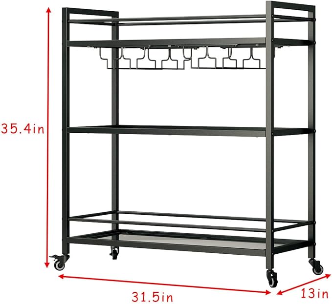 Glass Black Bar Carts for Home with Hanging Wine Rack - Home Bar Serving Cart with 3 Mirrored Shelves, Kitchen Bar Carts, Wine Cart for Entertaining, Club Party.