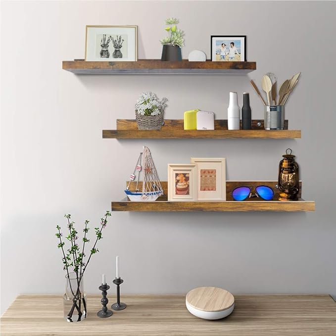 Giftgarden 24 Inch Floating Shelves Wall Mounted Set of 3, Rustic Large Wall Shelves Picture Ledge Shelf for Bedroom Living Room Bathroom Kitchen, 3 Different Sizes