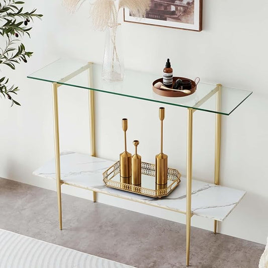 Glass Console Table for Living Room, Foyer & Entrance, 2-Tiers Mid-Century Modern Sofa Table with Clear Glass Top, White Marble Finish Wood Shelf and Gold Finish Frame