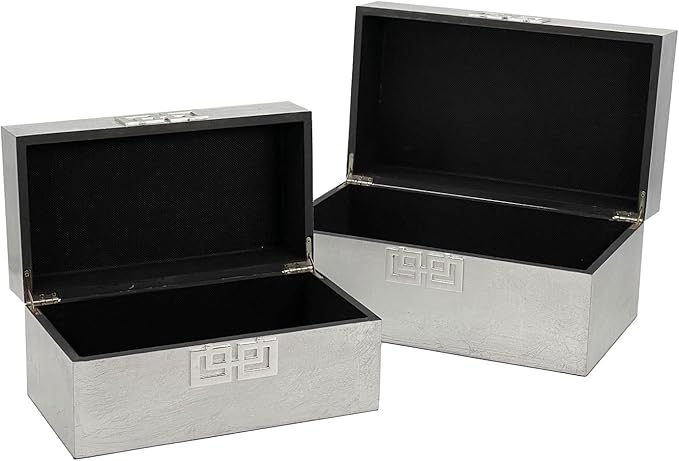 Galt International Storage Box Set Decorative Storage Box w/Hinged Lid Classic Design Wood Decor Boxes with Geometric Clasp Storage for Bedroom & Home - Set of 2 (Silver)