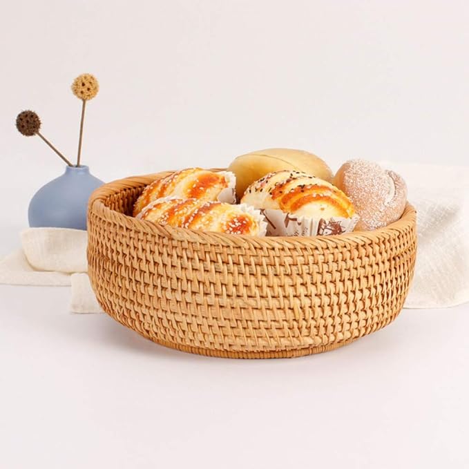 Hadewoven Round Rattan Fruit Basket Wicker Food Tray Weaving Storage Holder Dinning Room Bowl, 10 Inch Woven Bread Basket Key Bowls with 4”Wall for Table, Countertop (Large 9.8")