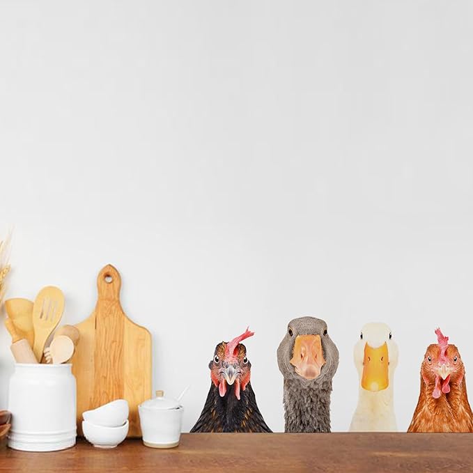 Funny Animal Windows Stickers Decor - 2 Hens Head & 2 Goose Head Window Cling Removable - Cute Animals Window Decals Peel and Stick - Funny Animals Wall Decor for Farmhouse Kitchen Door Refrigerator