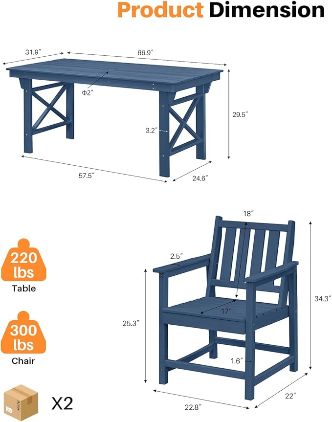 7 Pieces HDPE Outdoor Dining Set, Patio Dining Set with Umbrella Hole, All Weather Outdoor Dining Table Sets for 6, HDPE Patio Furniture Sets for Deck, Backyard, Lawn, and Poolside, Navy