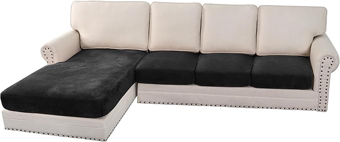H.VERSAILTEX Velvet Stretch Sectional Couch Covers 4 Pieces Sofa Seat Cushion Covers L Shape Separate Cushion Couch Chaise Cover for Both Left/Right Couch (Large Sofa 3 Seater + 1 Chaise, Black)