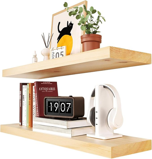 Habudda Floating Shelves for Wall, Solid Pine Wood Shelf for Bathroom Bedroom Kitchen, Rustic Room Decor, Wall Mounted, 30 Inches Long, Set of 2, Natural