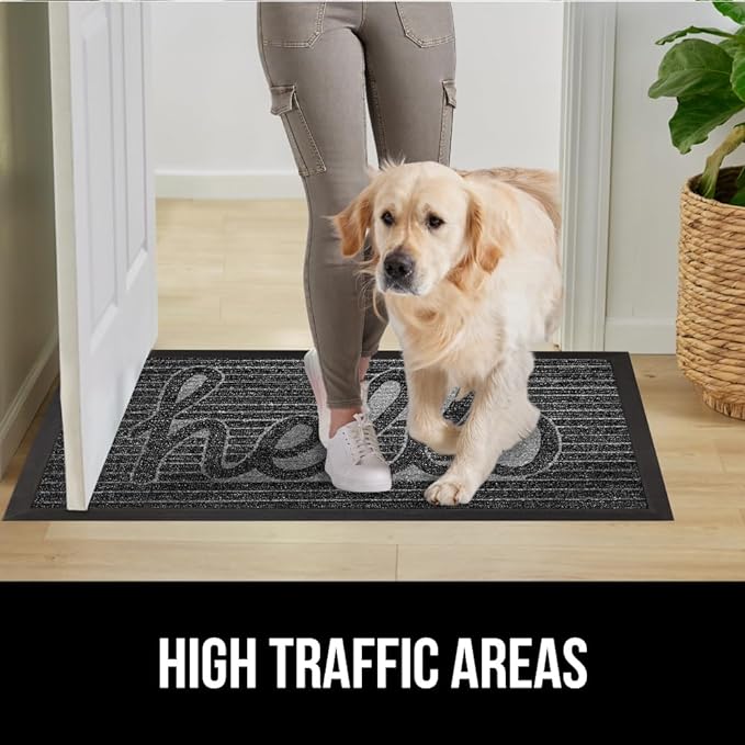 GORILLA GRIP 100% Waterproof All-Season WeatherMax Doormat, US Designed Natural Rubber, Stain and Fade Resistant, Low Profile Indoor Outdoor Door Mats, Easy Clean Patio Mat, 17x29, Charcoal Hello