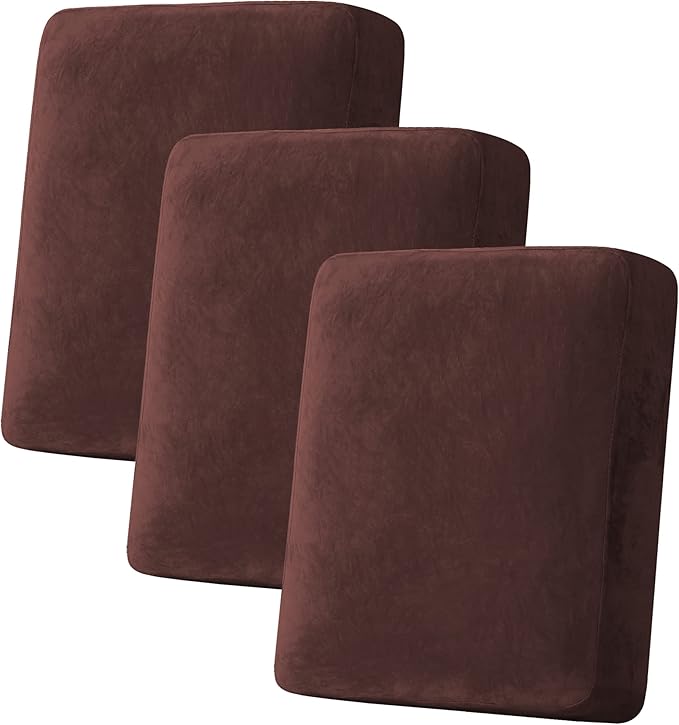 H.VERSAILTEX Velvet Stretch Couch Cushion Cover Plush Cushion Slipcover for Chair Loveseat Sofa Cushion Furniture Protector Seat Cushion Sofa Cover (3 Piece Sofa Cushion Covers, Brown)