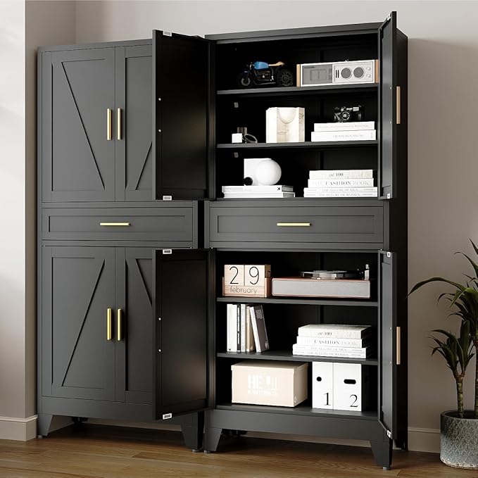 71 "Farmhouse Metal Filing Cabinet with a Drawer and 4 Adjustable Shelves, with 4 Large barn Door White Kitchen Cabinets, Metal Food Cabinets for Home, Kitchen, Dining/Living Room (Black)