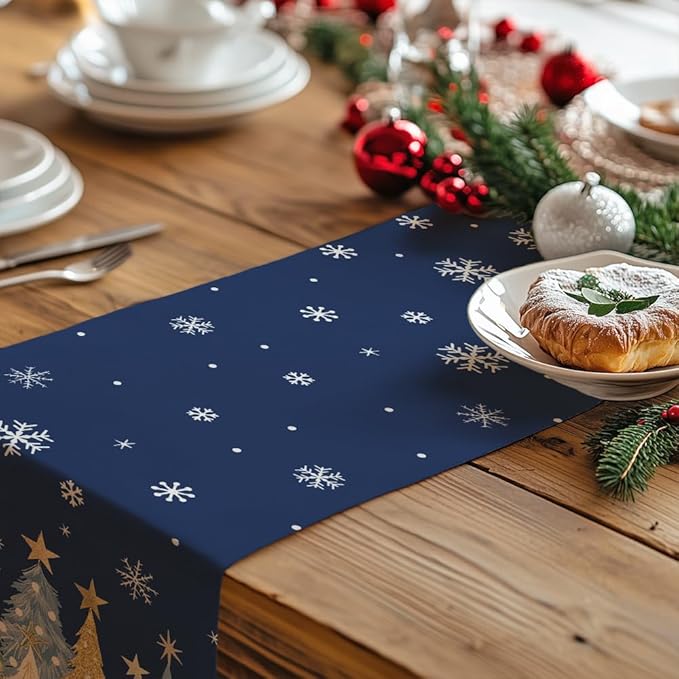 GEEORY Christmas Table Runner 13x72 Inch, Xmas Trees Snowflakes Holiday Decorative Farmhouse Table Decoration for Kitchen Dinning, Indoor Outdoor Dinner Party Decor (Blue) GT151-72