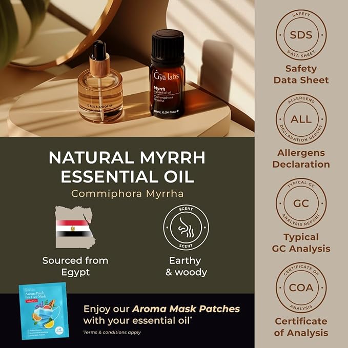 Gya Labs Myrrh Essential Oil for Skin - 0.34 Fl Oz - 100% Pure Natural Myrrh Oil for Diffuser, Face, Hair, Massages & Candle Making Scent