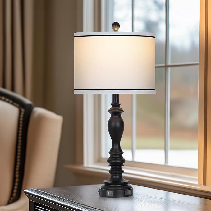 27.5" Farmhouse Table Lamp for Living Room, Black Lamps Set of 2 with USB A+C Ports, Mid Century Tall Table Lamp for Bedroom, Bedside Lamps for Night Stands(2 Bulbs Included)