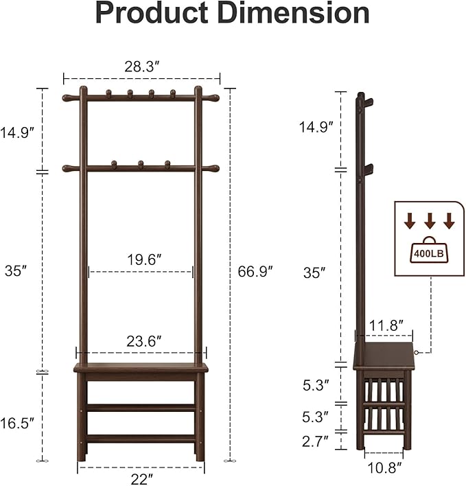 Hall Tree, Coat Rack with Shoe Storage, Wooden Hall Tree with Bench, 11 Hooks and 2-Tier Storage Shelves, Entryway Bench with Coat Rack (23.6" - Deep Walnut)