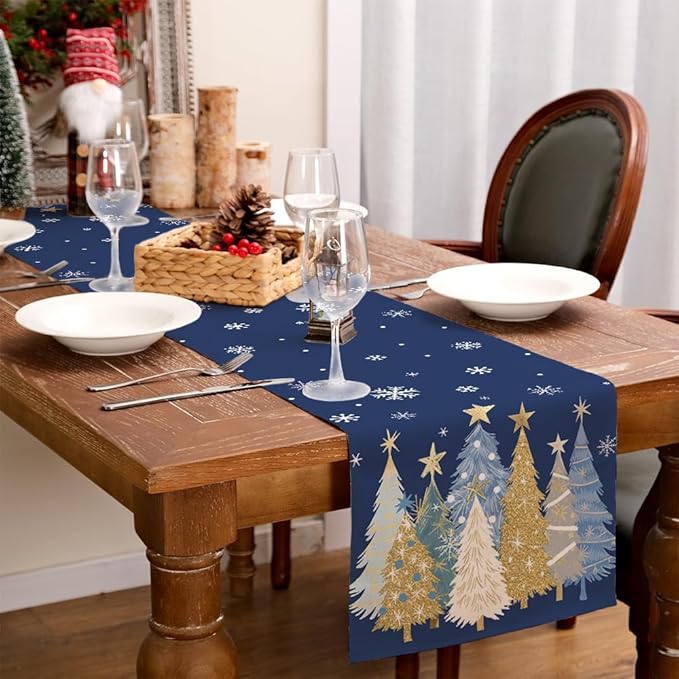 GEEORY Christmas Table Runner 13x120 Inch, Xmas Trees Snowflakes Holiday Decorative Farmhouse Table Decoration for Kitchen Dinning, Indoor Outdoor Dinner Party Decor (Blue) GT151-120N