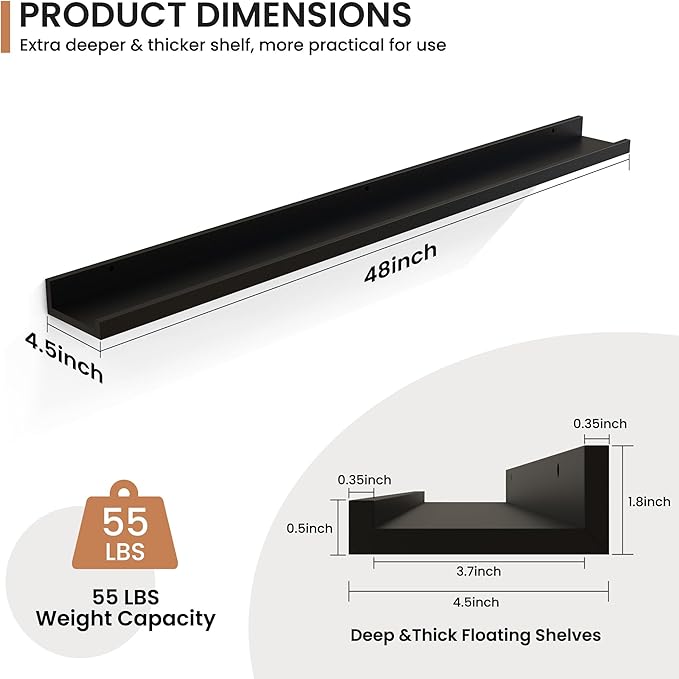 Fun Memories Picture Ledge Shelves Set of 2, 48 Inch Rustic Wall Mounted Floating Shelves with Lip for Home Storage and Décor in Bathroom, Kitchen, Nursery, Bedroom, Living Room, Black