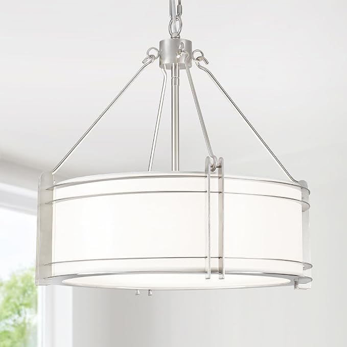 16.3''Drum Chandelier 3-Light Brushed Nickel Modern White Fabric Chandeliers Adjustable Drum Pendant Light for Dining Room Kitchen Island Hallway Living Bedroom