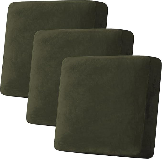 H.VERSAILTEX Velvet Stretch Couch Cushion Cover Plush Cushion Slipcover for Chair Loveseat Sofa Cushion Furniture Protector Seat Cushion Sofa Cover (3 Piece XL Sofa Cushion Covers, Olive)