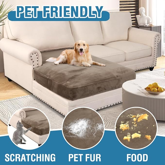 H.VERSAILTEX Velvet Stretch Individual Chaise Cover Sectional Couch Covers for L Shaped Sofa Both Left/Right Furniture Protector Seat Cushion Sofa Cover (1 Piece Chaise Cover, Mocha)