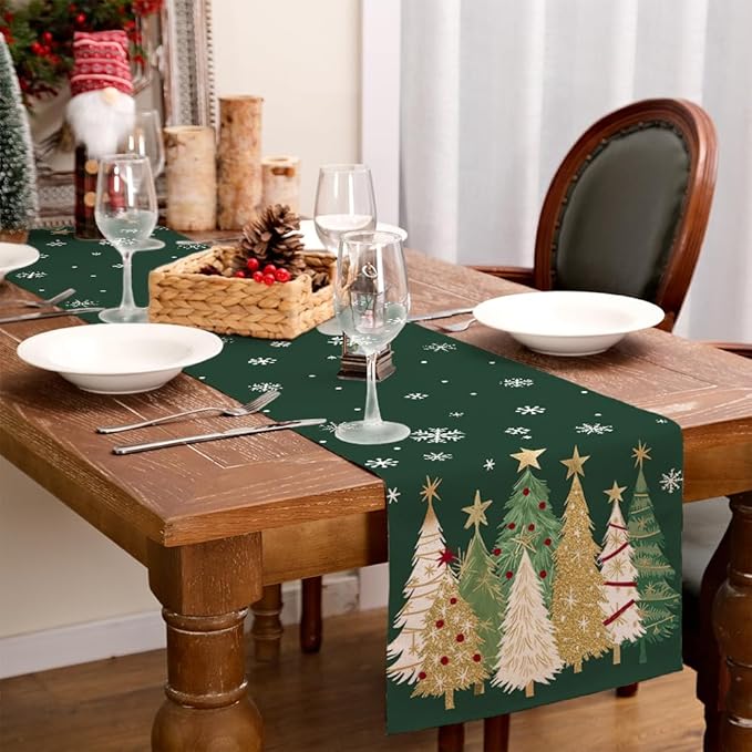 GEEORY Christmas Table Runner 13x120 Inch, Xmas Trees Snowflakes Holiday Decorative Farmhouse Table Decoration for Kitchen Dinning, Indoor Outdoor Dinner Party Decor (Green) GT152-120