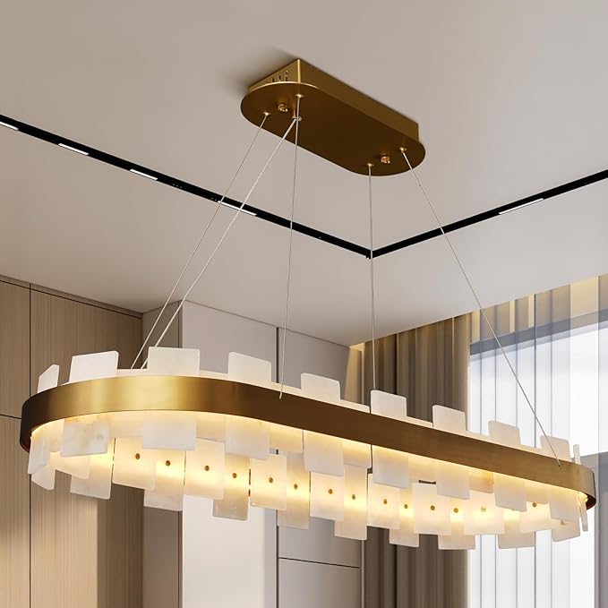 37.4" Natural Spanish Alabaster Rectangle Chandelier, Adjustable Luxury Ceiling Light for Dining Room Over Table, Kitchen Island, Modern Marble Chandeliers for Bedroom, Foyer, Entryway