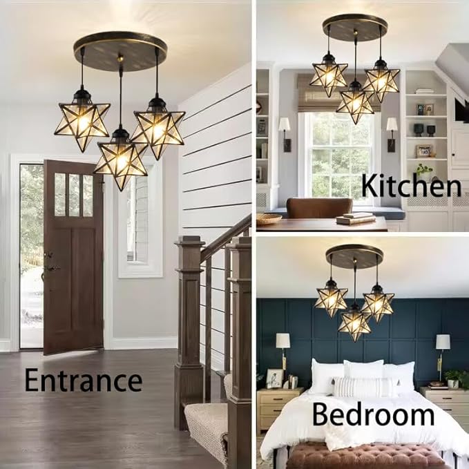 Glass Glam Chandelier Star Pendants Light Fixture Modern Elegant Ceiling Hanging Lights Included LED Warm Light Bulbs Oiled Bronze
