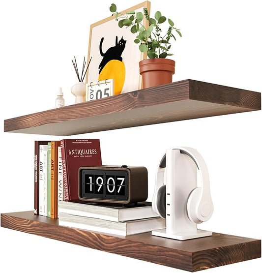 Habudda Floating Shelves Set of 2, Natural Pine Wood Shelf for Bathroom Bedroom Kitchen, 30 inch Long, Rustic Decor, Walnut