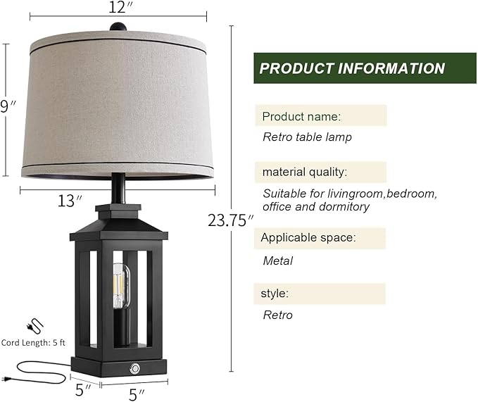 23.75" Retro Farmhouse Black Table Lamp for Living Room Bedroom Nightstand Set of 2 Touch Control Bedside Nightlight Vintage Modern Lamp with USB C+A Ports and 2 Light Sources