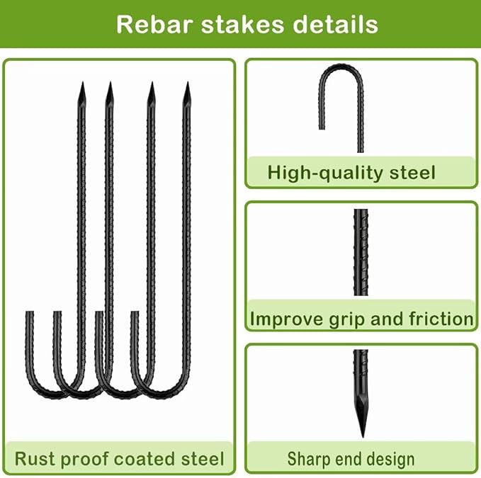 Ground-Stakes-Heavy-Duty-12 inch, J-Hook Rebar Stakes Black Coated Anti-Rust 16pcs Garden Stakes Metal Ground Anchors for Garden Dog Fence Chicken Coop Christmas Decorations Deer Fence