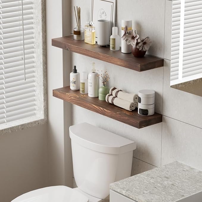 Habudda Floating Shelves Set of 2, Natural Pine Wood Shelf for Bathroom Bedroom Kitchen, 30 inch Long, Rustic Decor, Walnut