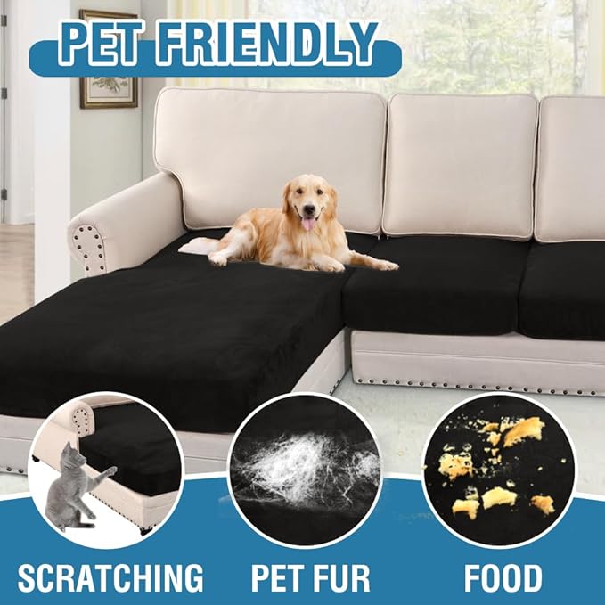 H.VERSAILTEX Velvet Stretch Sectional Couch Covers 4 Pieces Sofa Seat Cushion Covers L Shape Separate Cushion Couch Chaise Cover for Both Left/Right Couch (Large Sofa 3 Seater + 1 Chaise, Black)