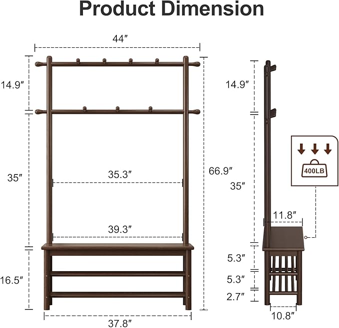 Hall Tree, Coat Rack with Shoe Storage, Wooden Hall Tree with Bench, 11 Hooks and 2-Tier Storage Shelves, Entryway Bench with Coat Rack (39.3" - Deep Walnut)