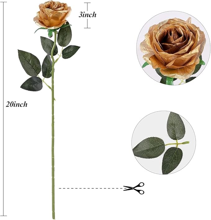 Gold Fake Roses Artificial Flowers - 16 Pcs Fake Artificial Roses Silk Flowers with Stems for Home Wedding Hotel Office Centerpiece Decor