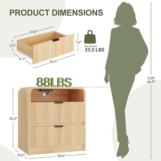 FURSUN 24" Fluted Nightstand Set of 2 with Charging Station, Wooden End Table with 2 Drawers Storage, Curved Profile Design, Modern Bedside Cabinet for Bedroom Living Room, Natural Oak