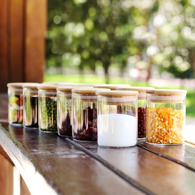 Glass Jars Set,Upgrade Spice Jars with Wood Airtight Lids and Labels, 6oz 12 Piece Small Food Storage Containers for Home Kitchen, Tea, Herbs, Sugar, Salt, Coffee, Flour, Herbs, Grains…