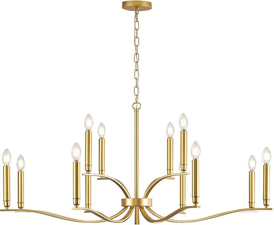12 Light Gold Living Room Chandelier High Ceiling Foyer Candle Chandelier Large Modern Brass 44in Metal Chandeliers Hanging Light for Master Bedroom Dining Room Light Fixture Over Table