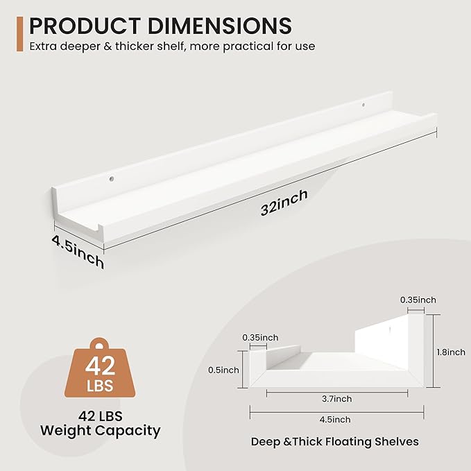 Fun Memories Picture Ledge Shelves Set of 2, 32 Inch Rustic Wall Mounted Floating Shelves with Lip for Home Storage and Décor in Bathroom, Kitchen, Nursery, Bedroom, Living Room, White