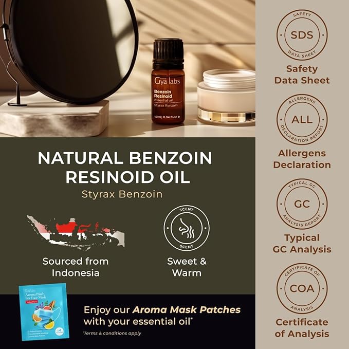 Gya Labs Benzoin Resinoid Essential Oil for Skin - 0.34 Fl Oz - 100% Pure Natural Benzoin Resinoid Oil for Hair, Diffuser, Candle Making Scent