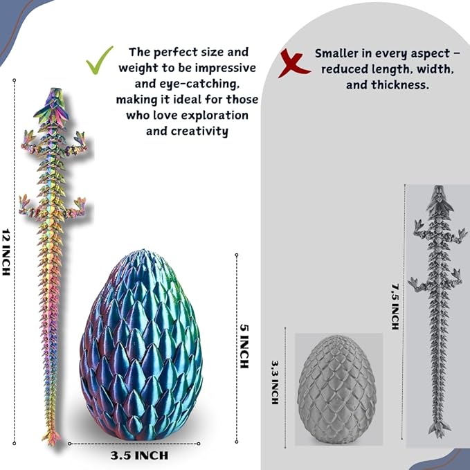 3D Printed 12” Articulated Crystal Dragon Inside 5.1” Egg – Fantasy Collectible, Fidget Toy & Stocking Easter Basket Stuffers for Home & Office Decor (Multicolor).
