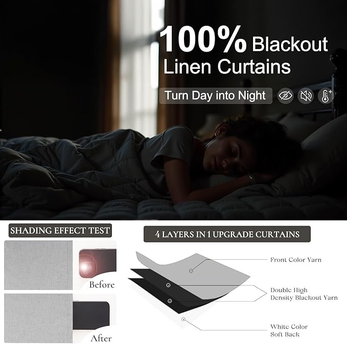 100 Percent Blackout Sliding Glass Door Curtains 120 Inches Long 2 Panels 10 FT Theater Floor to Ceiling Drape Linen Cotton Textured Luxury Curtains Farmhouse Black Out Light Grey Gray White Back Tab