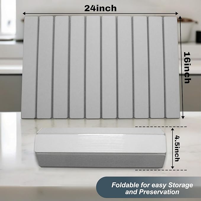 Large Stone Dish Drying Mats for Kitchen Counter, Quick Dry Absorbent Collapsible Dish Drying Mat,Diatomaceous Earth Mats for Dishes Bottles Cups,Match Any Countertop,Grey 24 * 16inch