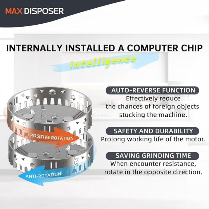 Garbage Disposal 1 HP Ultra Quiet Intelligent Auto-Reverse Function Continuous Feed Food Waste Disposer with Power Cord Easy install, AC Motor Stainless Steel Grind 1 Horsepower (MAX-6)