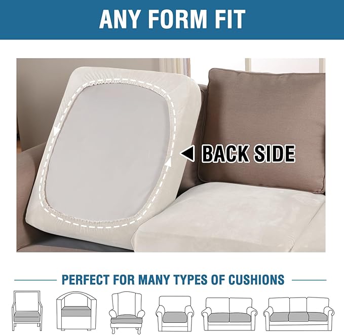 H.VERSAILTEX Velvet Stretch Couch Cushion Cover Plush Cushion Slipcover for Chair Loveseat Sofa Cushion Furniture Protector Seat Cushion Sofa Cover (2 Piece Medium Sofa Cushion Covers, Porcelain)