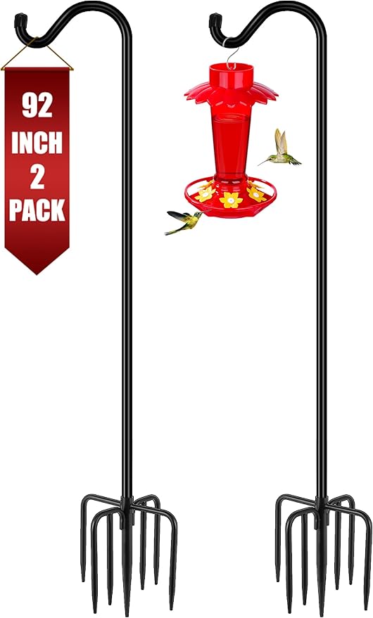Gtongoko 92 Inch 2 Pack Bird Feeder Poles for Outdoors Heavy Duty, Shepherds Hooks for Outdoor, Hummingbird Feeder Stand, Adjustable Hanger for Plant, Lights, Lanterns Wedding Decor with 7 Prongs Base