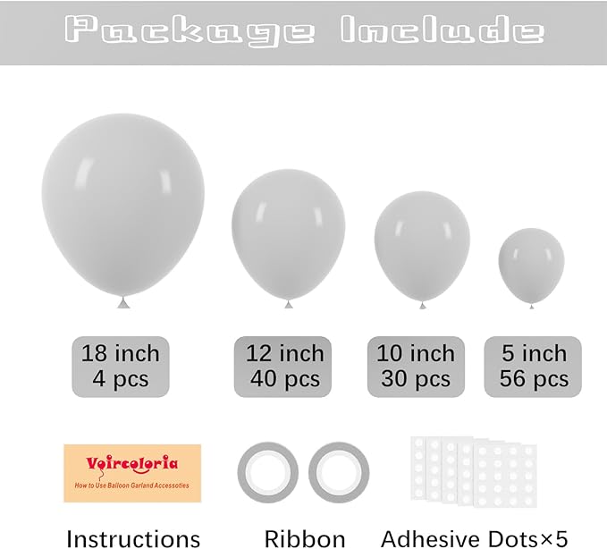 130pcs Gray Balloons Different Sizes 18" 12" 10" 5" Pastel Gray Balloons for Boys Girls Birthday Baby Shower Gender Reveal Wedding Decorations