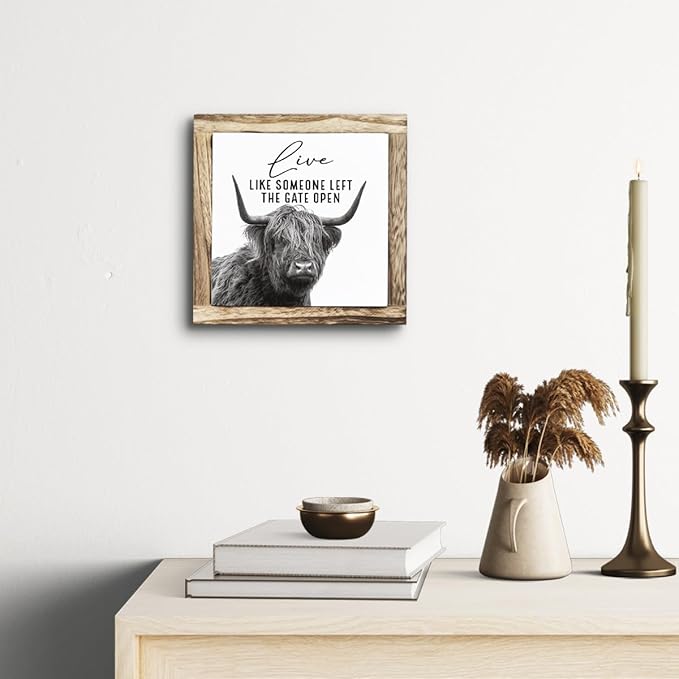 Funny Wood Sign, Cow Decor, Wooden Plaques Sign Table Decoration, Farmhouse Decorate for Shelf, Country Style Home Decor, Inspirational Decorate Signs, Live Like Someone Left the Gate Open Signs