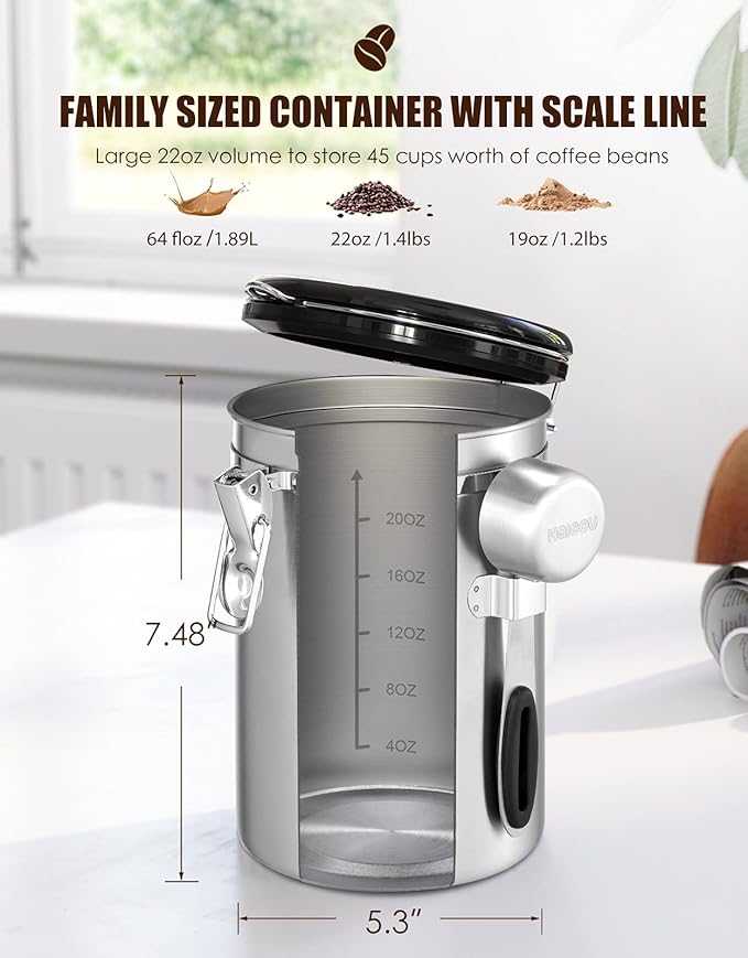HAIOOU Airtight Coffee Canister, 16OZ Small Stainless Steel Coffee Bean Storage Container with Date Tracker, Measuring Scoop, CO2 Releasing Valves and Mini Tongs for Beans, Grounds and more - Silver