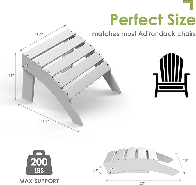 GREENVINES Adirondack-Ottoman | HDPE Plastic | Outdoor Footrest | All Weather | Foot Rest | Foot Stool | White | for Adirondack Chair | for Patio Backyard Pool